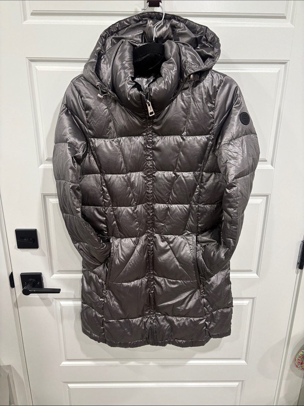 Andrew Marc Shiny Charcoal Hooded Quilted Puffer Coat
